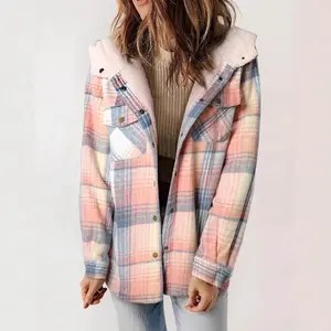 Women's Button Front Hooded Plaid Jacket, Coat for Women, Casual Mufti Clothes, Long Sleeve Pocket Coat for Fall, Ladies Outerwear for Daily Wear, Fall Outfits Tops Womenswear Can be used with raincoat