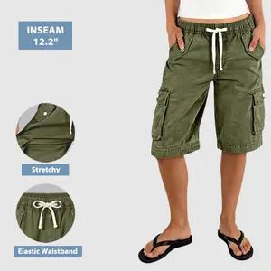 Flamingals Drawstring Flap Pocket Mid Waist Bermuda Cargo Shorts Womenswear Stretchy 12.2" Inseam