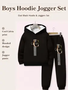 Boys Gold Trim Letter Hoodie Set, Cool Calvin Print Sweatshirt & Drawstring Pants Two-Piece, Casual Kids Clothing, Clothes Kids