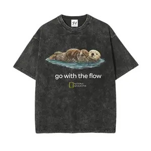 Men's Acid Wash T-Shirt, Oversized Short Sleeve Cotton Top with "Go With The Flow" Sea Otter Graphic, Retro Vintage Streetwear, Tshirt, Shortsleeve