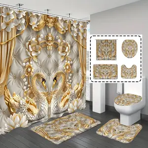 1pc/4pcs, bathroom curtains shower, bathroom set, bathroom decor, Bathroom Decoration Accessories, bathroom rug, bathroom mat, Swan and Flower Patterns, Retro and Luxurious Theme Decoration, with 12 hooks