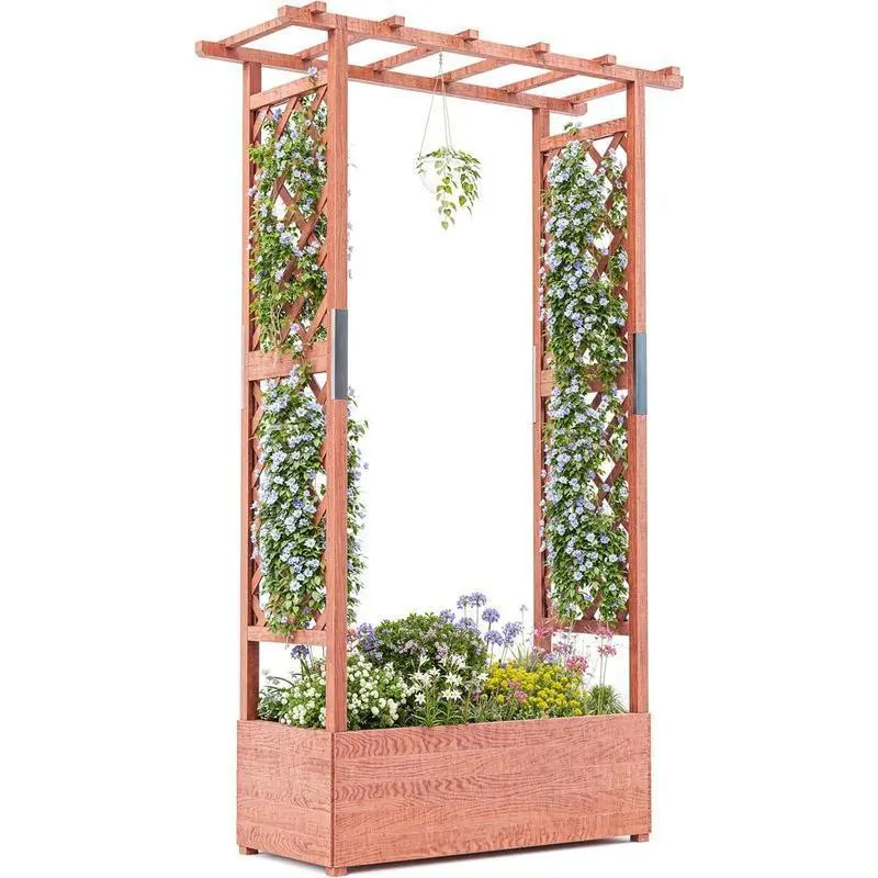 Gaomon 43"x17"x72" Outdoor Elevated Natural Fir Planter Box with Trellis - Climbing Planting Stand, Side Supports, Hanging Roof, Drainage Holes, Waterproof Coating, Removable Panel, Outdoor Garden Design Use