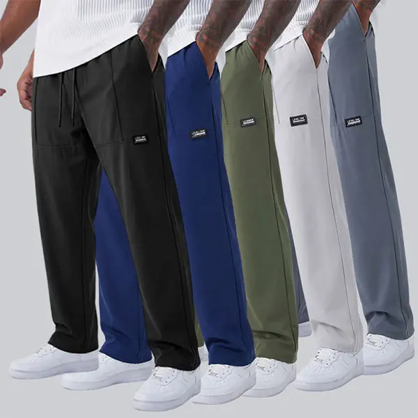 5 pcs men’s summer ice silk sports pants with drawstring, elastic design, pockets; thin, highly stretchy, quick-drying; skin-friendly, smooth, soft fabric; suitable for indoor exercise and summer outdoor activities; breathable sportswear bottoms.