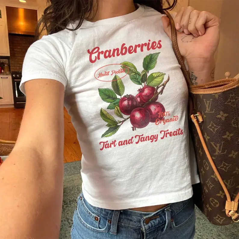 Cranberries Fruit Baby Tee, Vintage Fruit Label Tee, 90s Aesthetic Cranberry Fruit Shirt, Retro Graphic Baby Tee, Cool Fun Gift For Her