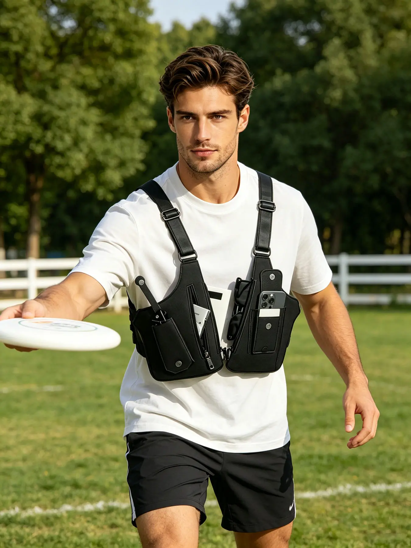 Trendy Outdoor Harness Vest Chest Pack, Layered Street Style Multi Pocket Sling Bag, Lightweight Portable Crossbody Bag for Daily Outing Cycling Jogging Sports Events Camping Hiking Fishing