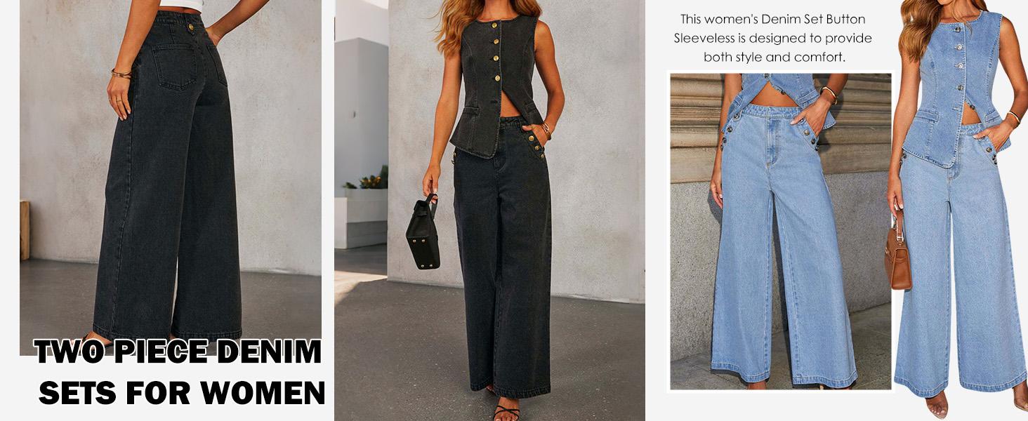 Chouyatou Women Y2K Denim 2 Piece Outfits Button Sleeveless Jean Vest Top Wide Leg Palazzo Jeans Matching Set