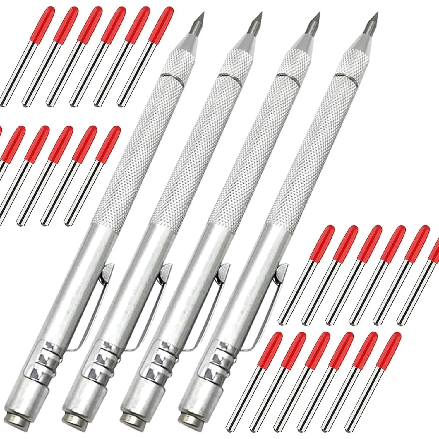 4 Pack Tungsten Carbide Metal Scribe Pen Tool with Magnet, for Machinists, Includes 24 Marking Tips