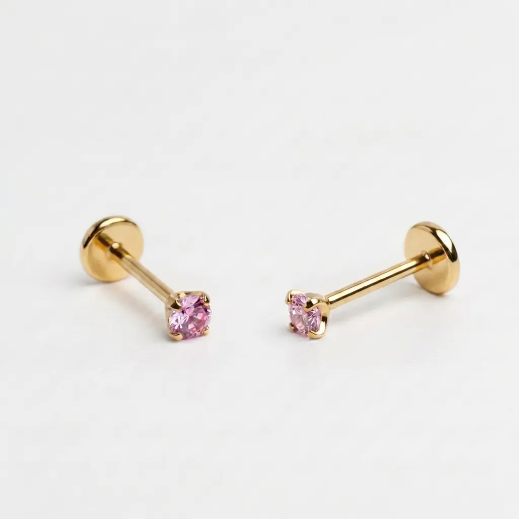 Pink 3mm gemstone + Gold CZ Titanium Flat Back Threadless Piercing Earring WHOLESALE