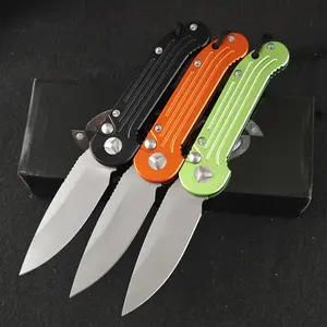 LUDT 135 Button Lock Pocket Folding Knife - D2 Drop Point Blade Aluminum Alloy Handle with Cord Lanyard - Everyday Carry Camping Wilderness Survival Knives Gear
