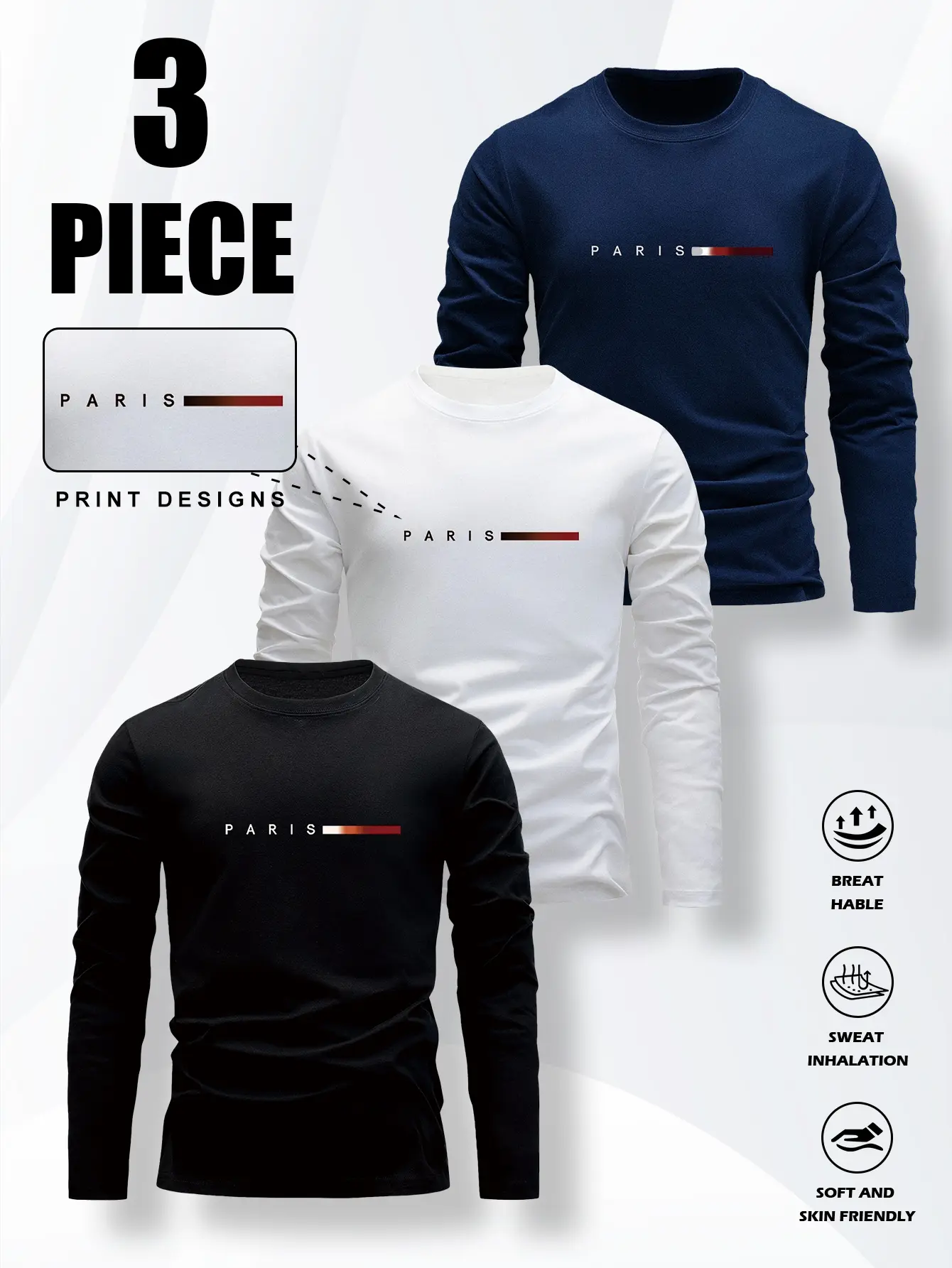 Men's three-piece set with long-sleeved shirt and round-neck casual T-shirt with letter pattern  Suitable for home, dates and outdoor activities Loungewear