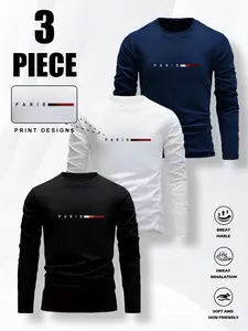 Men's three-piece set with long-sleeved shirt and round-neck casual T-shirt with letter pattern  Suitable for home, dates and outdoor activities Loungewear