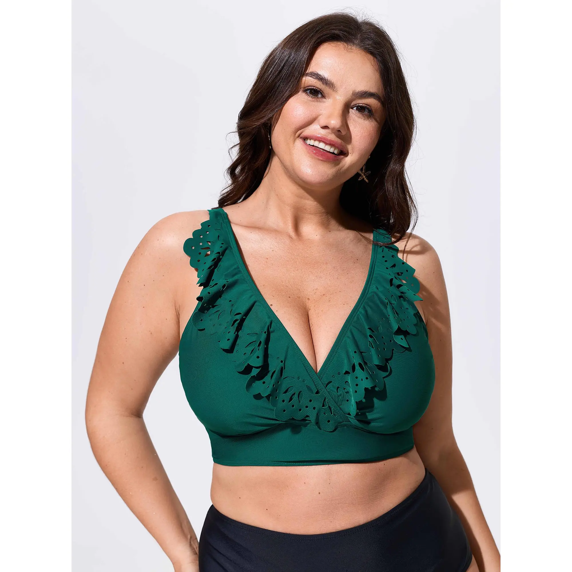 BloomChic Plus Size Ruffled Cut-Out Bikini Top, Sleeveless Beach Swimsuit with UPF 50 Sun Protection and Adjustable Straps, Cold Wash, No