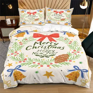 Christmas and New Year wreath bell print pattern does not carry cotton, soft and durable bed quilt cover set, including 1 quilt cover and 1 or 2 pillowcases, does not include quilt core and pillow core, suitable as a holiday gift