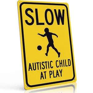 8x12 Inch Aluminum "Slow Autistic Child At Play" Metal Sign – High-Visibility Safety Wall Art for Driveway, Yard & Neighborhood. Bold Yellow Design, Weatherproof & Durable. Ideal for Families With Autistic Children & Community Safety.