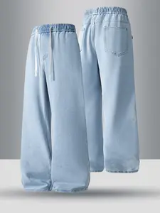 Men’s Casual Loose-Fit Jeans – Light Blue, Drawstring Waist Design, Comfortable Throughout the Season, Perfect for Daily Wear | Casual Style Jeans | Drawstring Belt Jeans