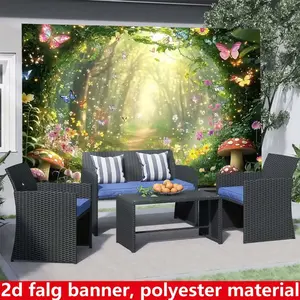 1PC， Dreamy fairyland forest background cloth, butterfly and mushroom themed garden path photography background, polyester material, suitable for photo booths, parties, birthdays, celebrations, and indoor and outdoor home wall decoration, Banners
