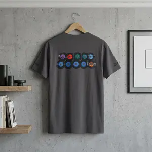 Forty Fives  T-Shirt — Full Color 45's on the back design.   Forty Fives adapter on the front with the words Forty Fives on either side of the adapter Shirt