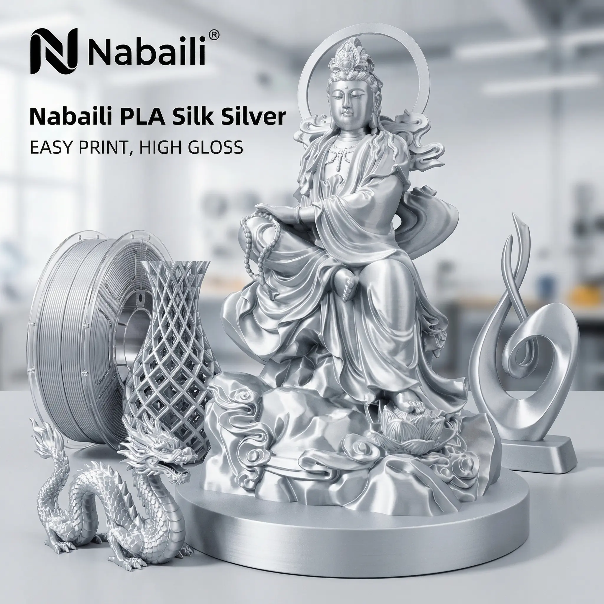 NABAILI Silk Silver PLA 3D Printer Filament - Easy-to-Print, High-Gloss, Silk-Finished for Detailed Models & Artistic Creations, Fused Deposition Modeling & PLA Filament 3D Printing Supplies