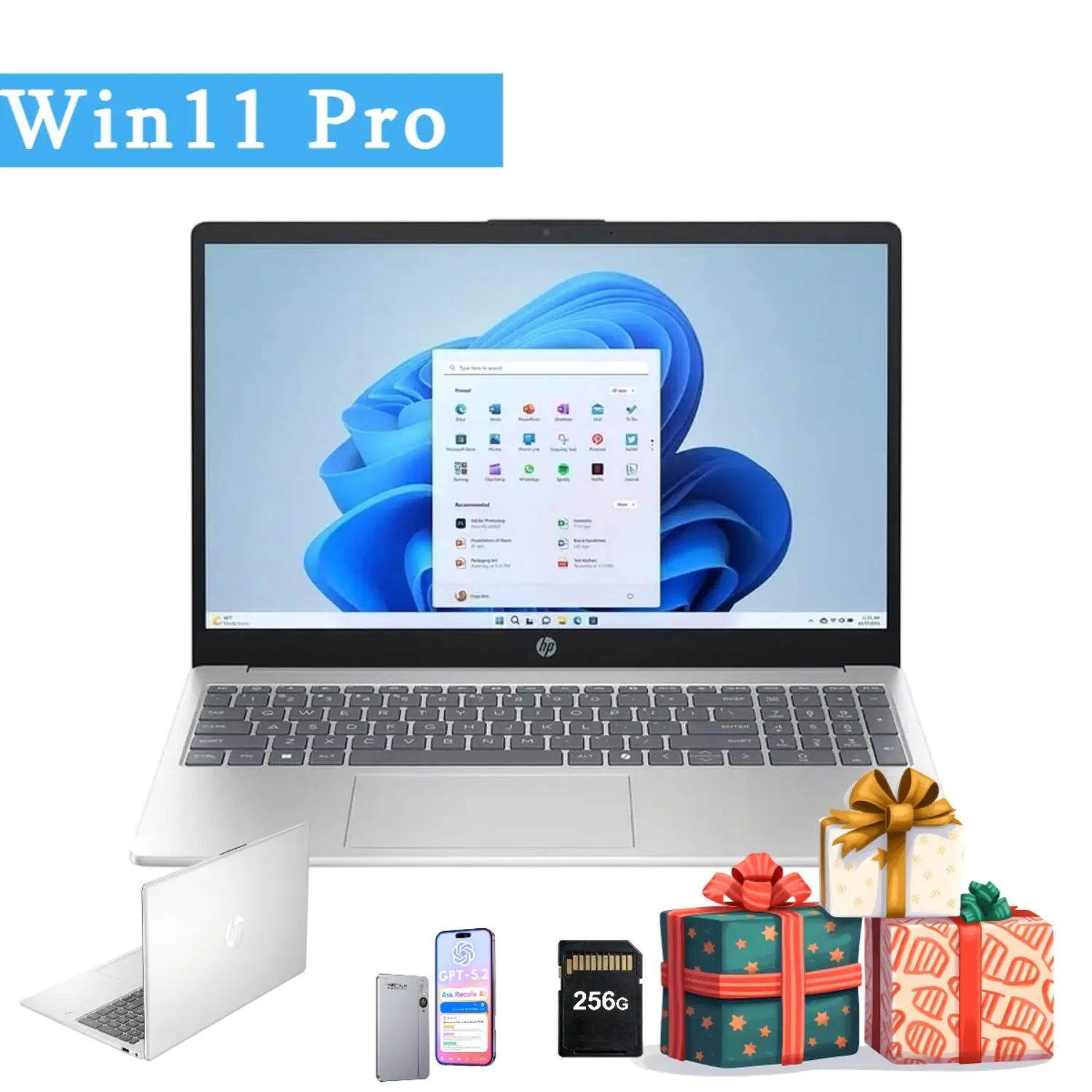 HP 15.6 Inch Laptop (15inches) - Intel i3-N305, Up to 32GB RAM, 512GB SSD, Win11 Pro, Batteries, Cordless, Silver, Bundle Accessory for Students, 2-In-1