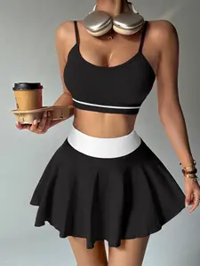 Women's Sportswear Two-Piece Set, Summer Quick-Dry High Elastic Breathable Slimming Yoga Dress, Sleeveless Tank Top & Butt-Lifting Short Skirt, Workout Set