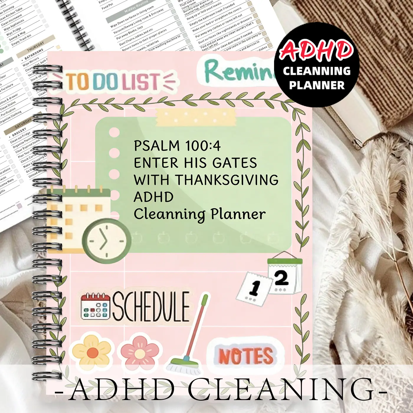 1pc ADHD Cleaning Planner Subject Notebook, Gratitude Style - Pink Background with Flowers, Stars, and Gratitude Scripture Patterns. Plan Daily Cleaning Tasks. Daily Household Chores Planner, Home Planner. 5.5x8.3 Inch Notebook
