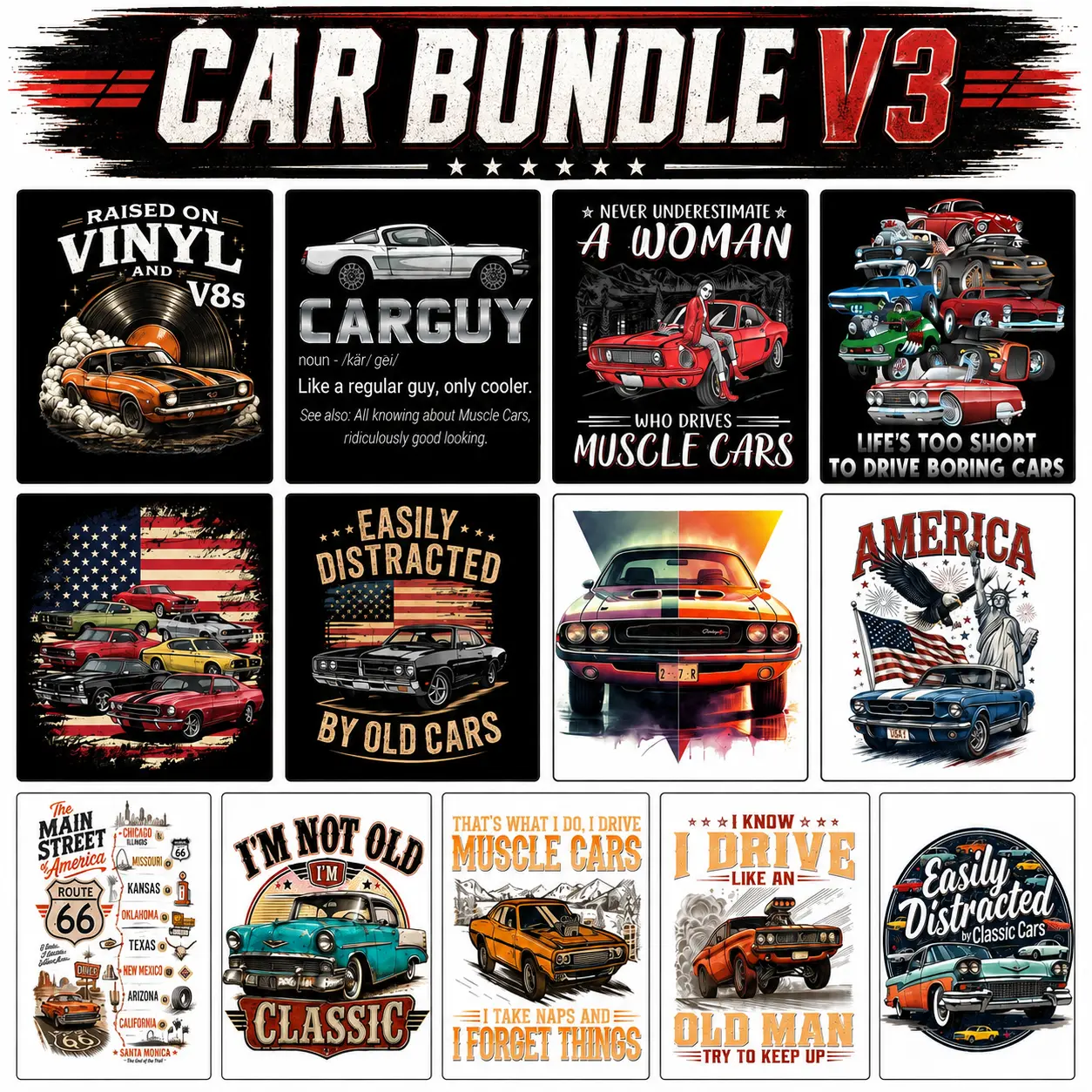 Classic Car Bundle V3 | Ready-to-Press DTF & Sublimation Transfers | Heat Transfer Designs for T-Shirts | (DIY Printmaking Embossing Accessories)