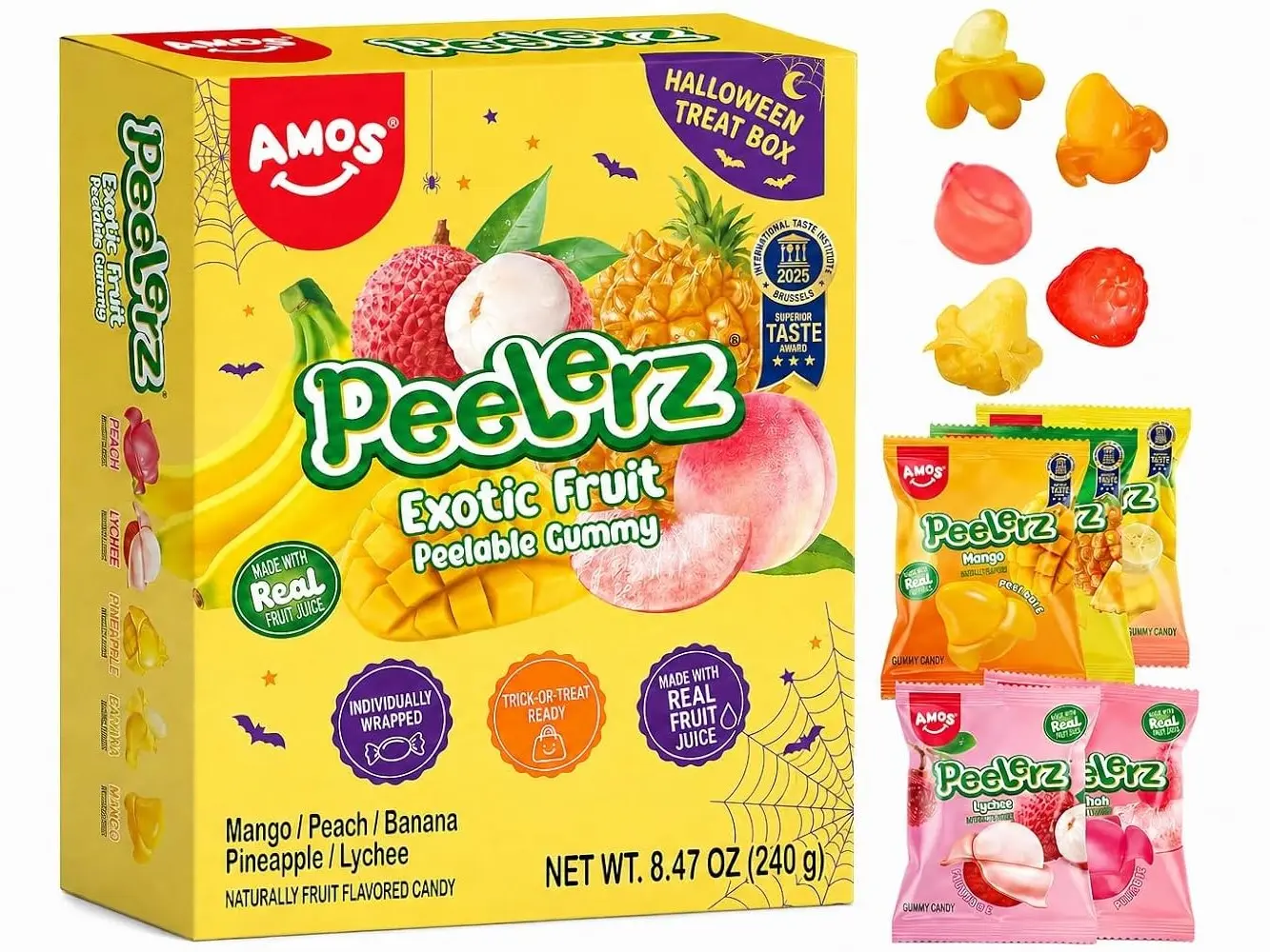 AMOS Peelerz Exotic Fruit Peelable Gummy Candy Snack, Sweet, 5 Fruit Flavors (Mango, Peach, Banana, Pineapple, Lychee), 8.47oz (240g), Individually Wrapped