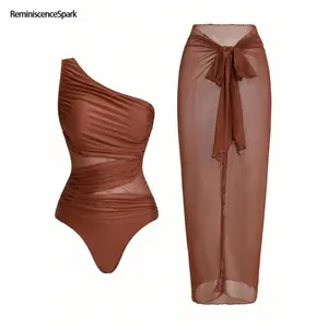 Women's Solid Color Ruched Mesh One-Piece Swimsuit with Sarong Skirt – Flattering Summer Beach Wear for Vacation & Pool Parties