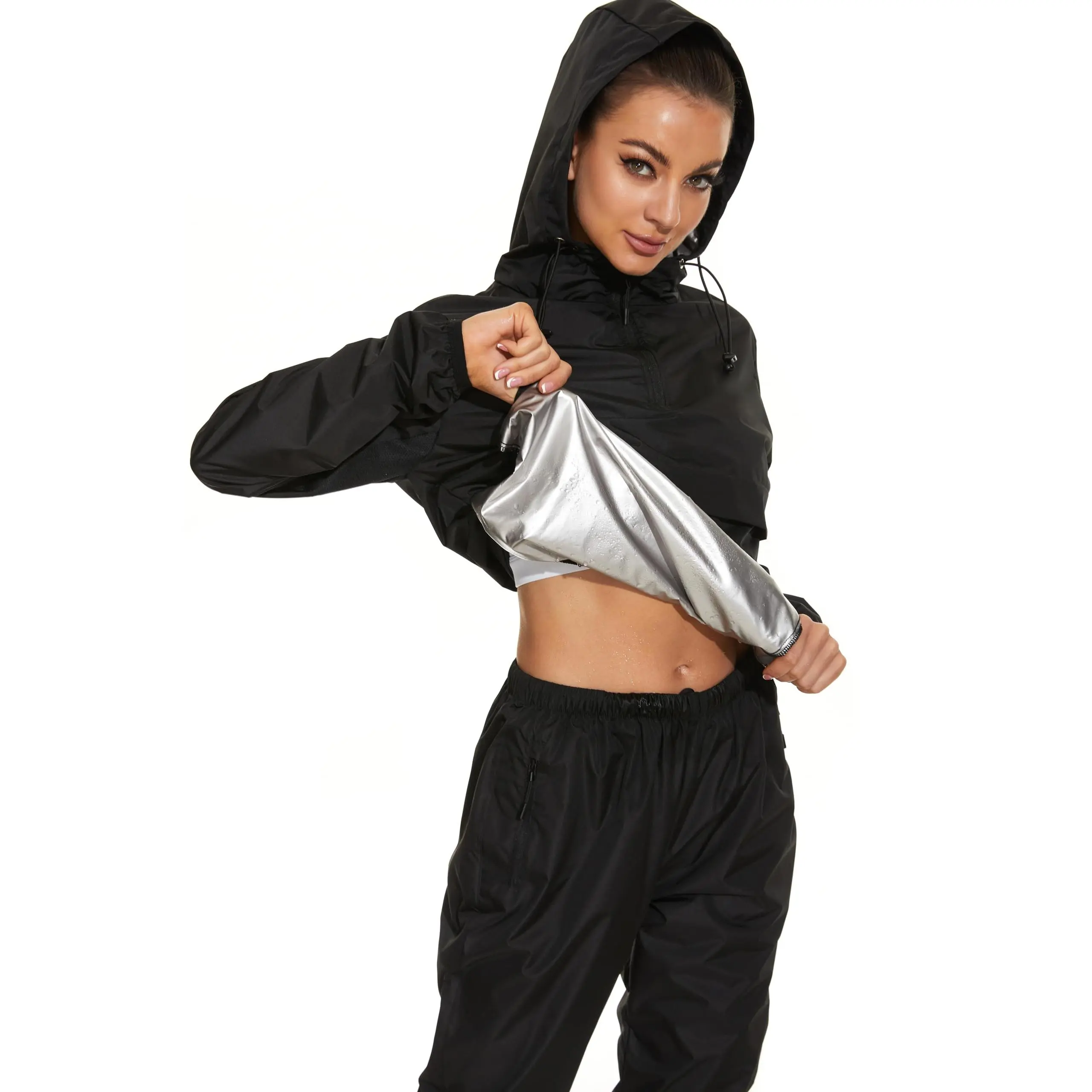 Sauna Suit for Women Weight Loss Sauna Jackets Sweat Pants Gym Boxing Workout Tops Hoodies Sweat Suit for Women Plus Size (Black Jacket and Pants Small)