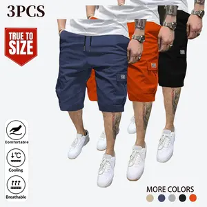 3PCS Men'S Shorts Bermuda Cargo Multi-Pocket Woven Fabric Non-Stretch Solid Regular Outdoor Casual Shorts Multicolor