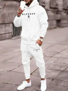 Men's Letter Print Hoodie Set, Kangaroo Pocket Drawstring Hooded Sweatshirt + Waistdrawstring Sports Pants 2 Piece Set, Sporty Set, Streetwear Tracksuit Set, Sweatsuit With Pockets, Casual Fall & Winter