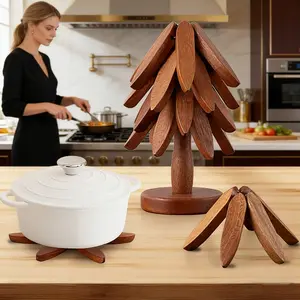 Wooden Trivets for Hot Dishes, Tree Shape Trivet Set, 4 Walnut Wood + 1 Stand stored Like a Christmas Tree,Foldable Kitchen Wooden Trivet,for Hot Dishes、Pot、Bowl、Teapot、Hot Pot Holder