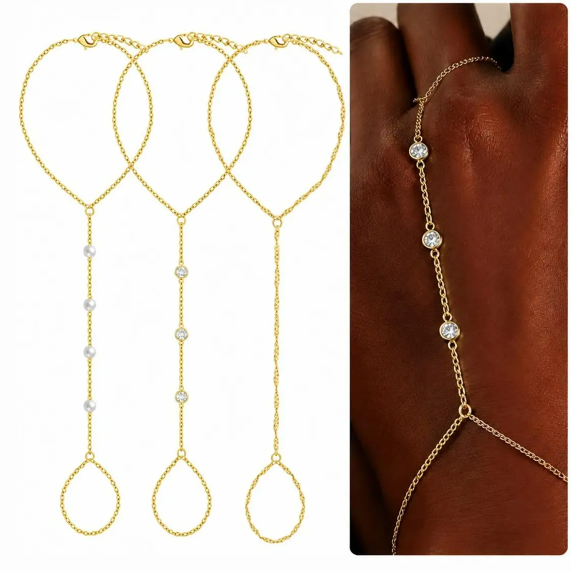 17KM Dainty Hand Chain Bracelet Set, 14K Gold Plated Adjustable Finger Ring Chain Jewelry, Stackable Layered Gold Bracelet for Women, Summer Beach Vacation Gift