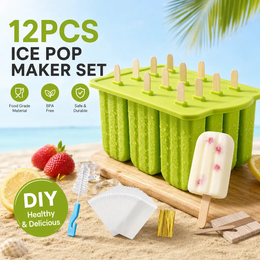 Kitchen Utensils 100% Silicone 12-Cavity Popsicle Maker - BPA-Free Food-Grade Lolly & Ice Cream Moulds (90ml, 8.26*5.11*3.74in), Easy Release, 50 Wooden Handle Sticks, Cleaning Brush for Adults' DIY Ice Cream