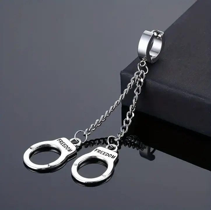 Punk Stainless Steel Long Chain Handcuffs Earring