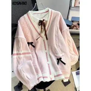 Sweet Bow Knitted Cardigans Y2k Aesthetic All Match Contrast Color Coats Fashion Single Breasted Women Kawaii JK Sweaters Jumper Can be used with raincoat