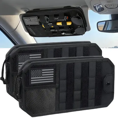 Molle Car Sun Visor Organizer (1/2 Pack) - Nylon Tactical Storage Pouch with Zipper, Glasses Clip, Adjustable Straps, Semi-Rigid Panel, Mesh Small-Item Pocket, Car Stuff for Trucks, SUVs, Auto Accessories Interior, Vehicle Accessory (Commute, Travel)