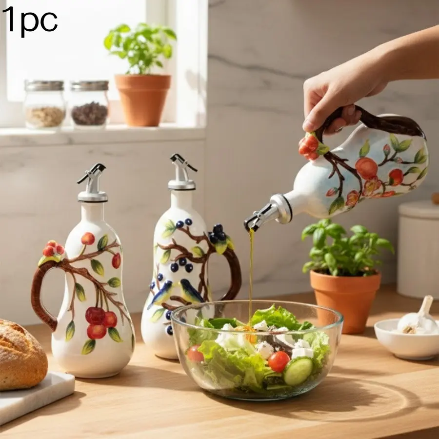 Hand-Painted Ceramic Spice Bottle, Floral Bird Fruit Pattern, Soy Sauce Vinegar Oil Bottle, Oil Dispenser for Kitchen, Home Kitchen Decor, Cooking Oil Dispenser, 1 Piece