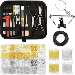 Making Supplies for Adults, Permanent  Starter Kit with Tools,4 Necklaces,Jewelrys Pliers,Jewelrys Wires,Findings,Magnifier & Storage Bag, for Men's and Women's Jewelrys Projects