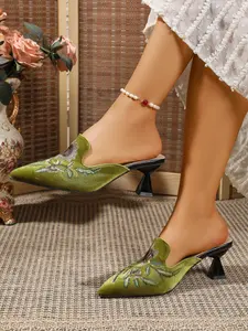Women's New Spring Pointed Toe Textile Slip-On High Heel Shoes, Elegant Embroidered Design, Comfortable Slide Sandals, Cat Heel