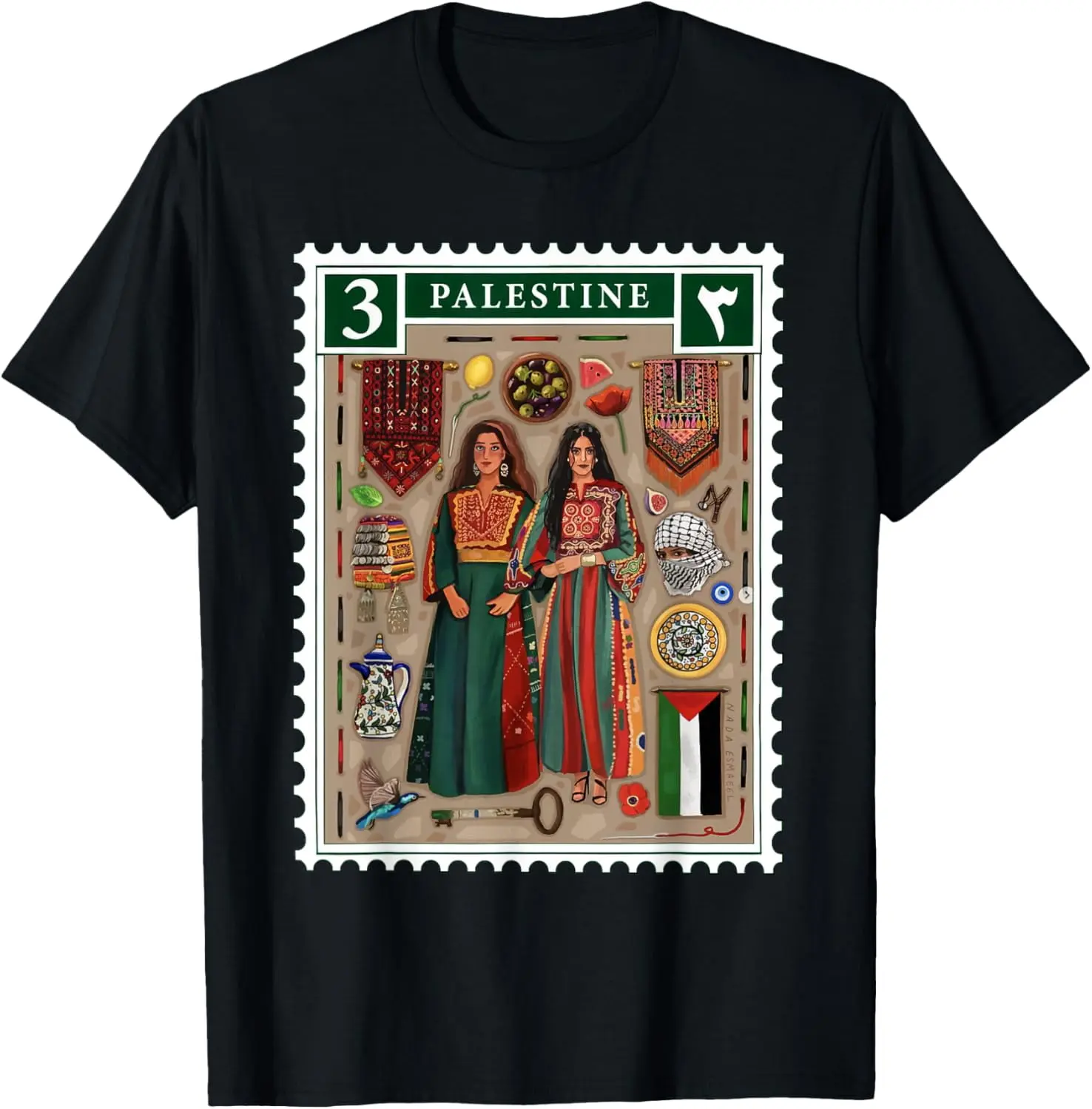 Women's 100% Cotton Vintage Graphic Short-Sleeve Streetwear T-Shirt with Palestine Stamp, Palestinian Flag & Gaza Design, Shortsleeve, Tshirt, Casual, Top, Lady, Everyday, Palestine Flag
