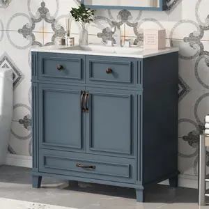 30'' Bathroom Vanity with Ceramic Sink,Solid Wood Frame Bathroom Storage Cabinet with Soft Closing Doors,Retro Style