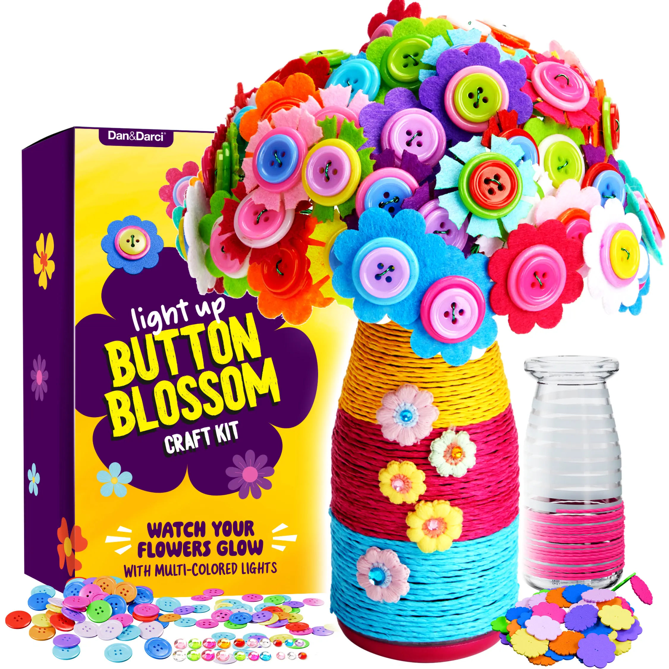 Dan&Darci Light-Up Button Blossom Craft Kit for Crafting Enthusiasts - Create a Glowing Vibrant Floral Bouquet with Felt Flowers, LED Vase - DIY Decorative Ornaments, 6 x 7 x 3 inches