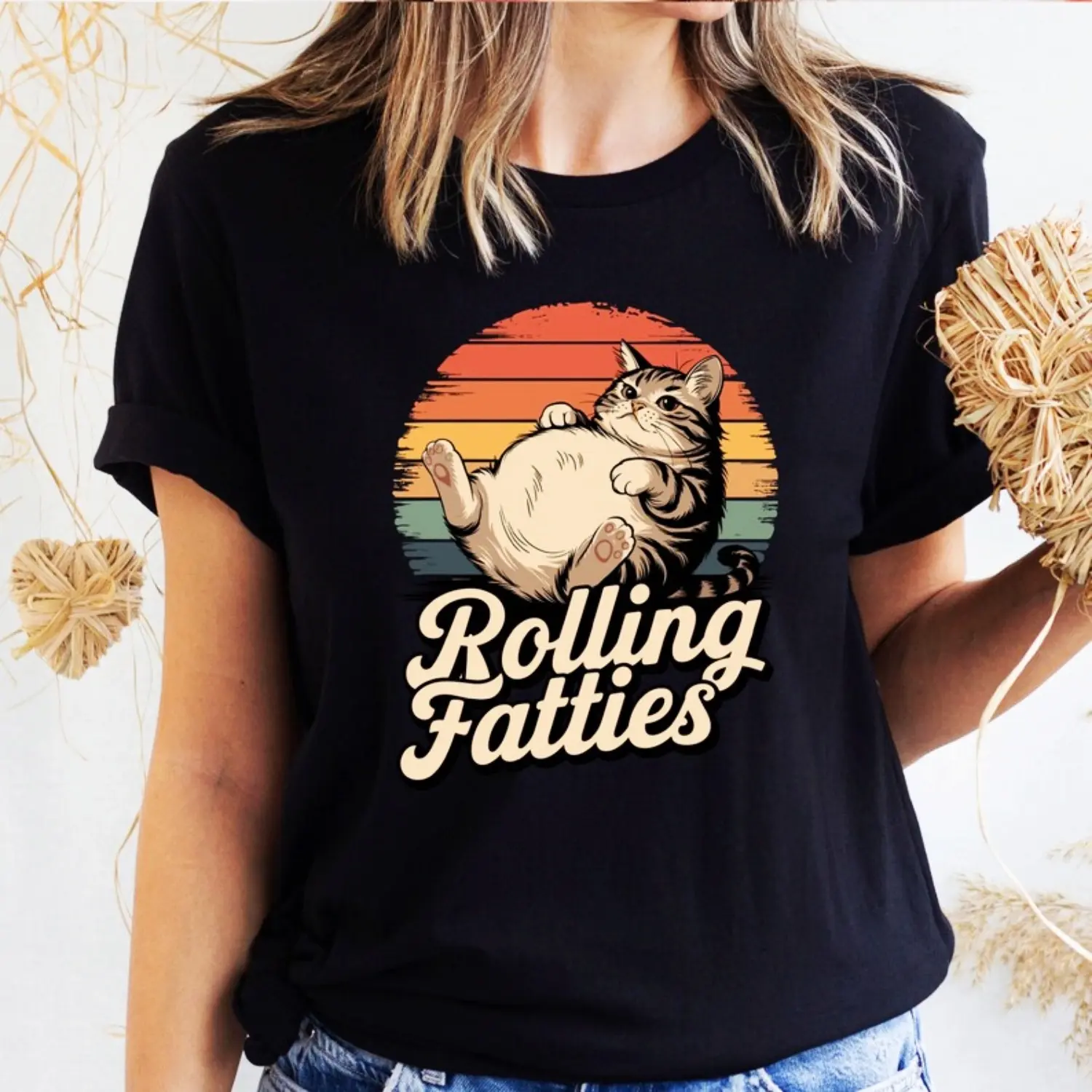 Women's Fitted Round Neck Smooth Garment T-Shirt, Funny Rolling Fatties Cat Graphic Weed Lover Top