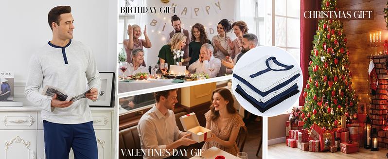 Gihuo Men's Pajama Set Soft Cotton Henley Neckline Sleepwear Long Sleeve 2 Piece Lounge Set with Pockets