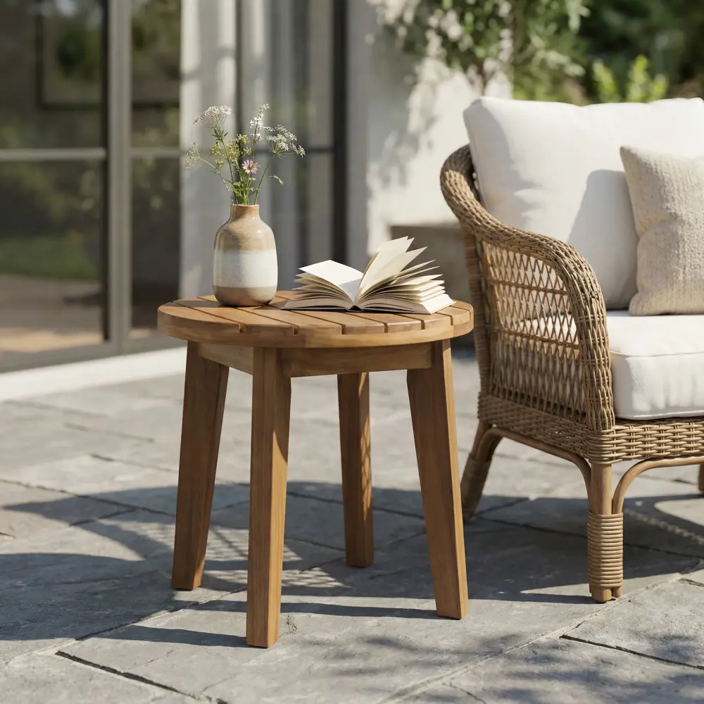 16" Acacia Wood Rustic Robust Side Table, Teak Finish, Indoor-Outdoor Side Tables for Garden & Outdoor Patio Use