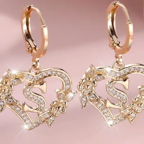 Female A-Z 26 Letter Heart Flower Hoop Earrings Fashionable Hoop Earrings Heart Shaped Earrings Yellow Gold Color White Zirconia Wedding Jewelry For Women