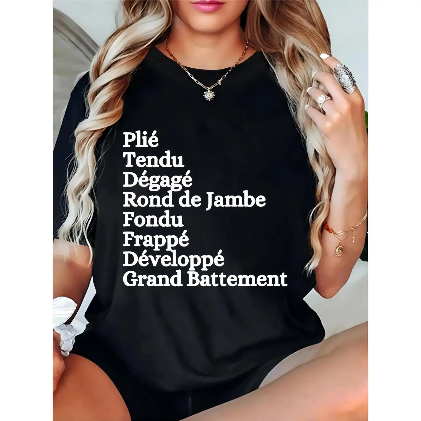 Women's Black T - Shirt with French Ballet Terms (Plie, Tendu, Degage, Fondue, Frappe, Developpe, Grand Battement) | Casual Dancewear for Ballet Dancers & Enthusiasts | Daily Wear, Dance Class Outfit