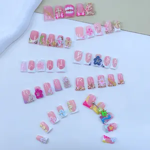 Y2K Style Handmade Press On Nails, Handmade 3D Flower & Hand Drawn Design And Sparkling Rhinestone & Bow Decor Duckbill Shaped Fake Nails, 10pcs/set Glossy False Duck Press On Nails, For Women & Girls DlY Nail Art, Perfect for Daily Wear
