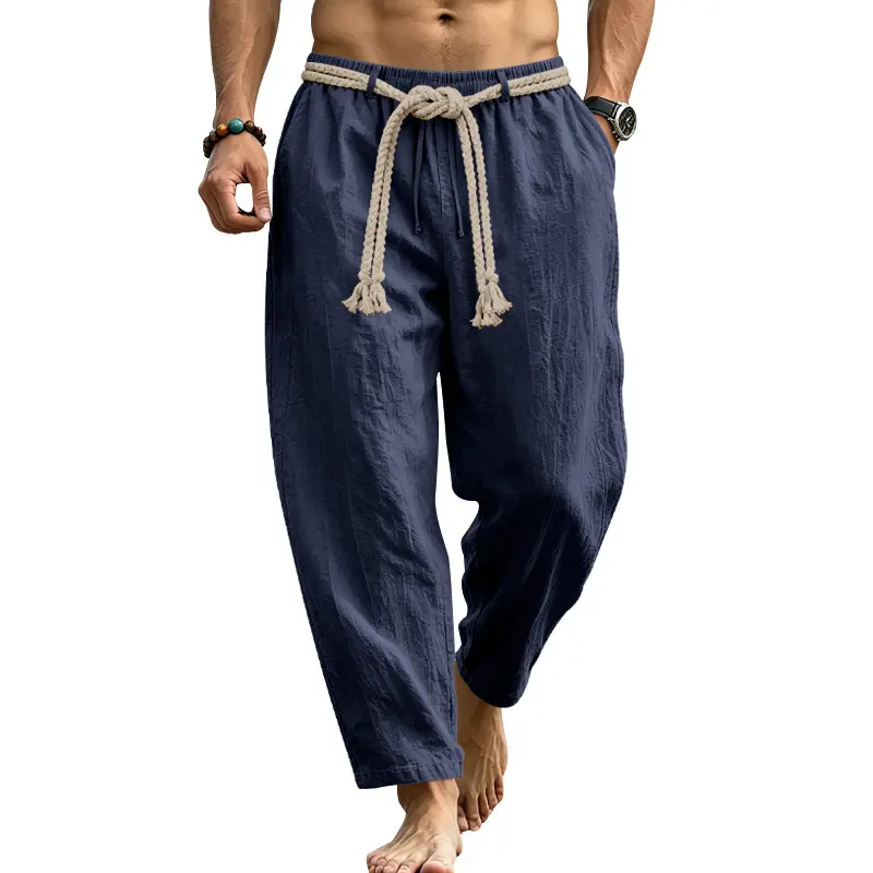 Men's Summer Wrinkle Texture Drawstring Straight Leg Casual Pants, Lightweight Bottoms With Tassel Woven Belt, Draped Breathable Solid Trousers For Vacation & Daily Wear